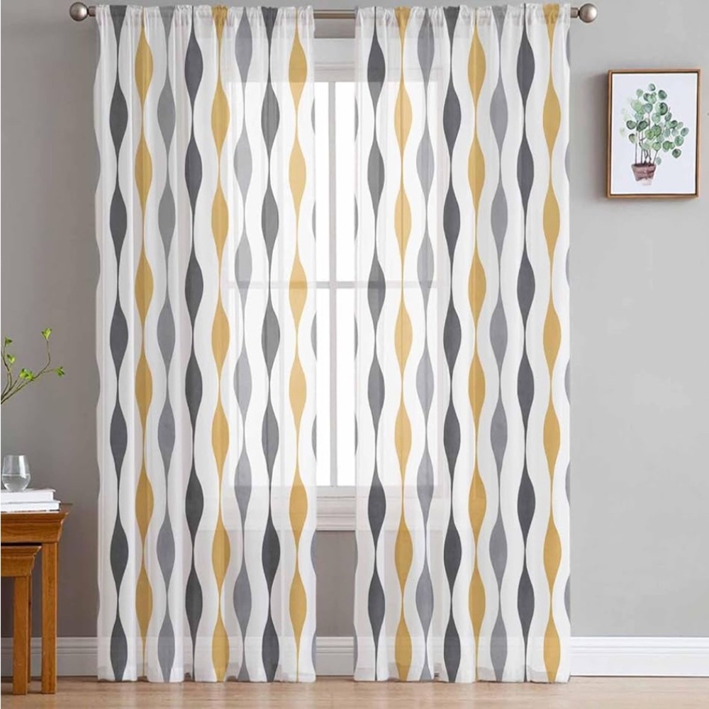 Set of 2, Modern Wave Pattern Panel Curtains - Yellow, Gray, and White 52”x84”